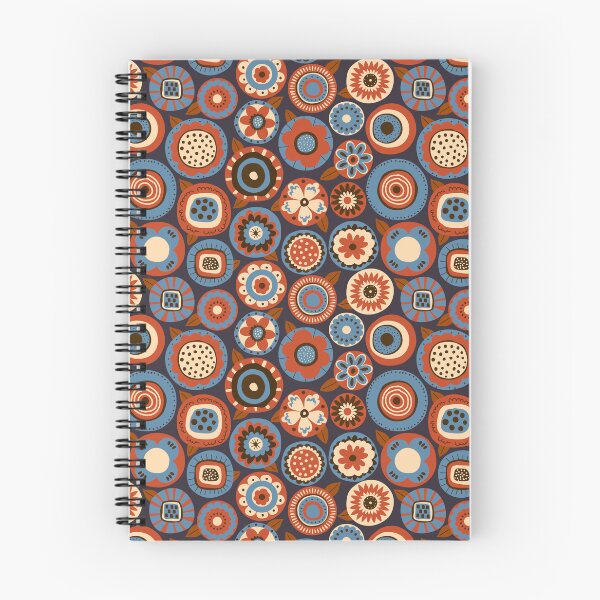 Item preview, retro scandi folk art blooms in brown terracotta dusty blue on dark navy designed and sold by artgeige.