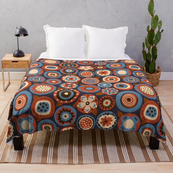 Item preview, retro scandi folk art blooms in brown terracotta dusty blue on dark navy designed and sold by artgeige.