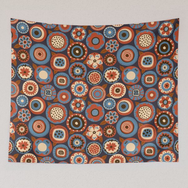 Item preview, retro scandi folk art blooms in brown terracotta dusty blue on dark navy designed and sold by artgeige.