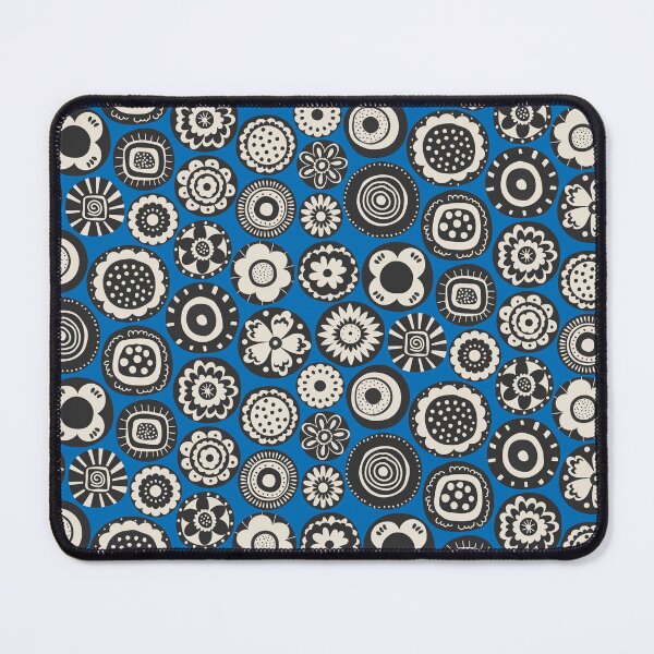 Item preview, retro scandi folk art blooms in black off white on cobalt blue designed and sold by artgeige.