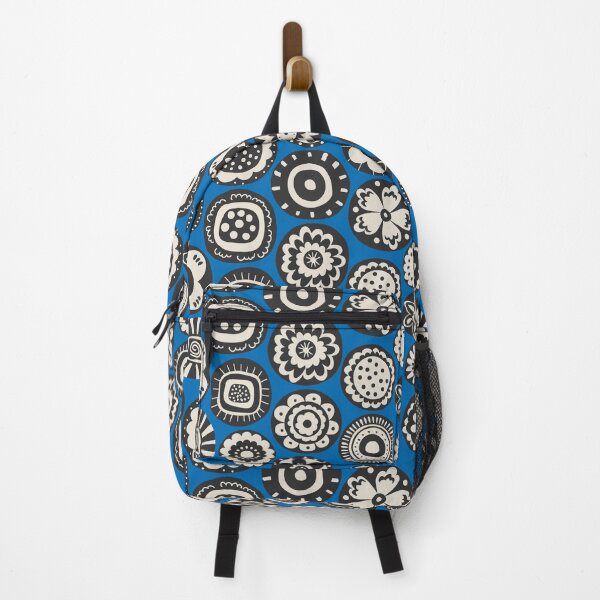 Item preview, retro scandi folk art blooms in black off white on cobalt blue designed and sold by artgeige.