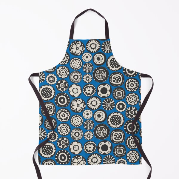 Item preview, retro scandi folk art blooms in black off white on cobalt blue designed and sold by artgeige.