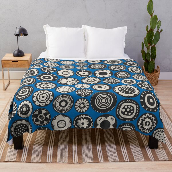 Item preview, retro scandi folk art blooms in black off white on cobalt blue designed and sold by artgeige.
