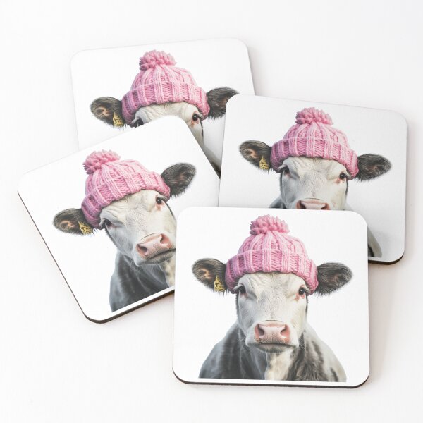 Item preview, Cozy Cow Wearing Pink Winter Hat Trendy Animal Fashion Artwork designed and sold by LazyOwlStore.