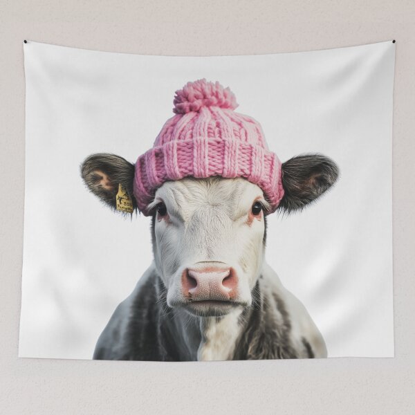 Item preview, Cozy Cow Wearing Pink Winter Hat Trendy Animal Fashion Artwork designed and sold by LazyOwlStore.