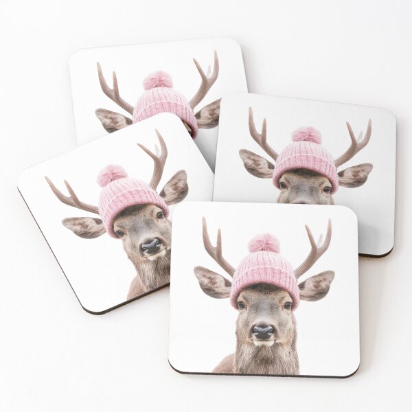 Item preview, Cozy Deer Wearing Pink Winter Hat Trendy Animal Fashion Artwork designed and sold by LazyOwlStore.