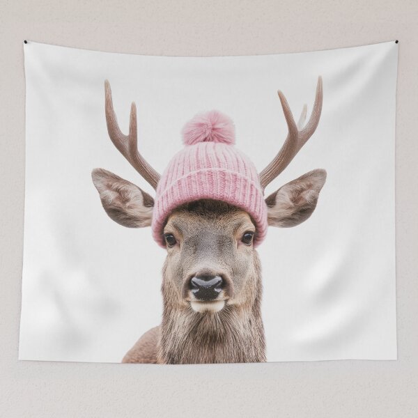 Item preview, Cozy Deer Wearing Pink Winter Hat Trendy Animal Fashion Artwork designed and sold by LazyOwlStore.