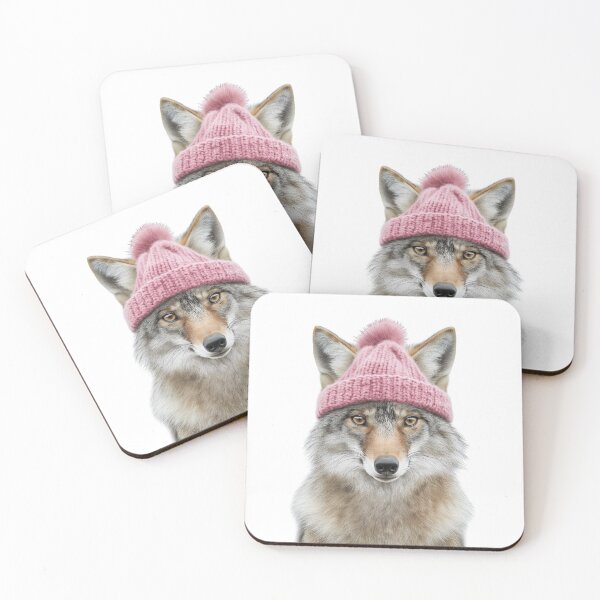 Item preview, Cozy Coyote Wearing Pink Winter Hat Trendy Animal Fashion Artwork designed and sold by LazyOwlStore.
