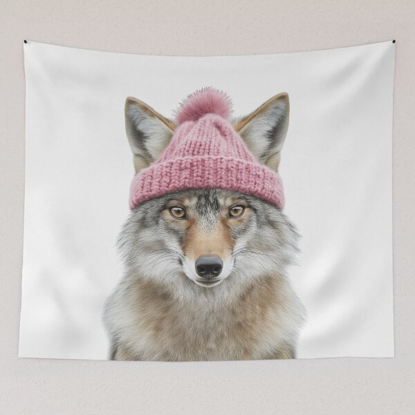 Item preview, Cozy Coyote Wearing Pink Winter Hat Trendy Animal Fashion Artwork designed and sold by LazyOwlStore.