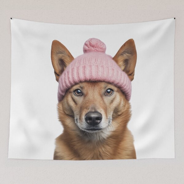 Item preview, Cozy Dingo Wearing Pink Winter Hat Trendy Animal Fashion Artwork designed and sold by LazyOwlStore.