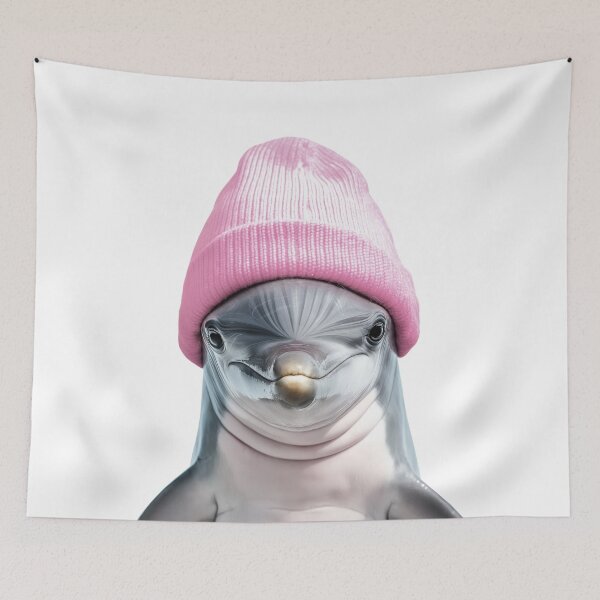 Item preview, Cozy Dolphin Wearing Pink Winter Hat Trendy Animal Fashion Artwork designed and sold by LazyOwlStore.