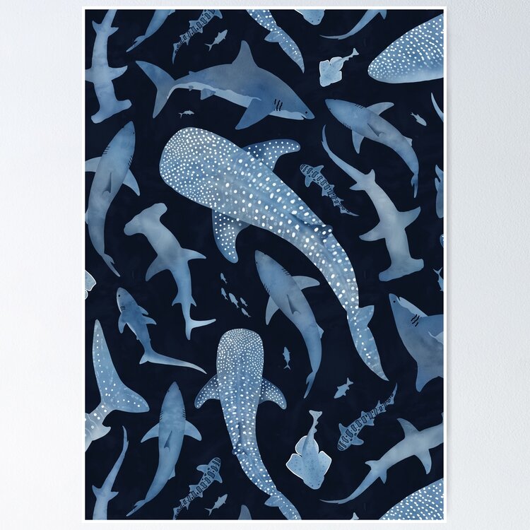Monochrome blue watercolour shark ocean on black | iPhone Case