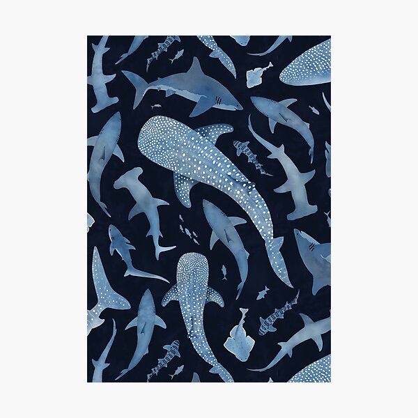 Aperçu de l'œuvre Océan de requin aquarelle bleu monochrome sur fond noir créée et vendue par adenaJ.