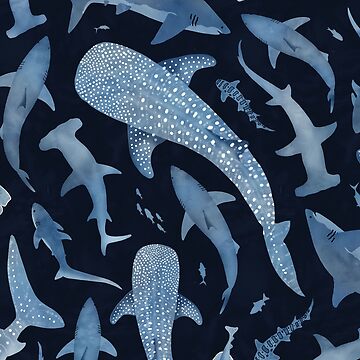 Artwork thumbnail, Monochrome blue watercolour shark ocean on black by adenaJ