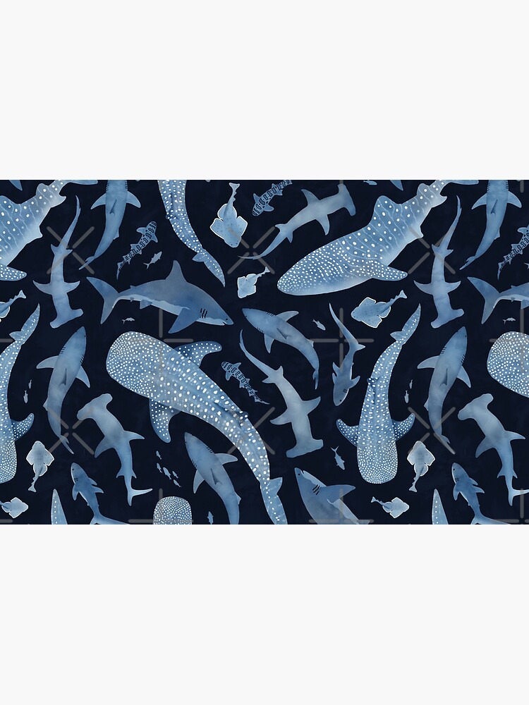 Thumbnail 4 of 4, Zipper Pouch, Monochrome blue watercolour shark ocean on black designed and sold by adenaJ.