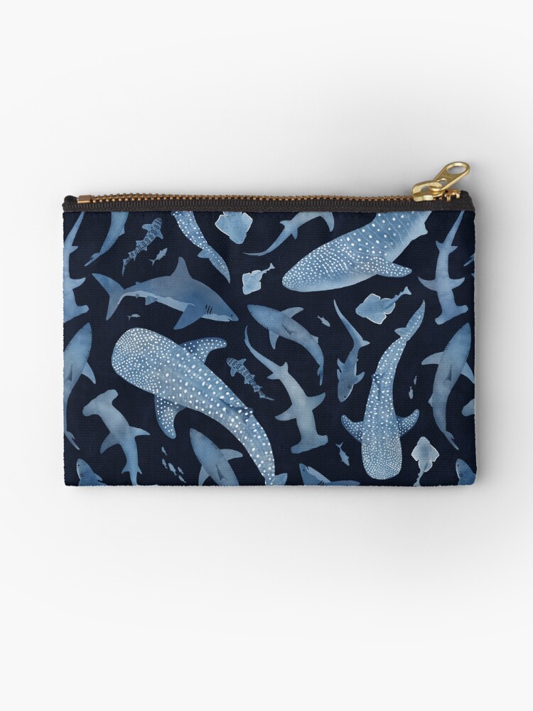 Thumbnail 1 of 4, Zipper Pouch, Monochrome blue watercolour shark ocean on black designed and sold by adenaJ.