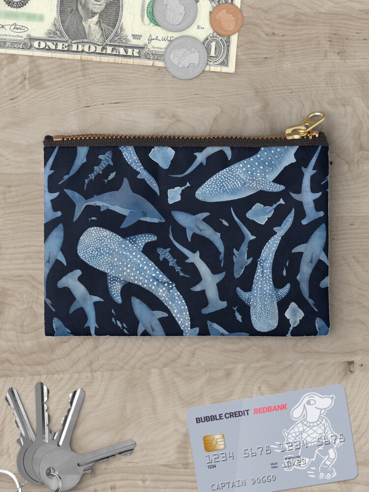 Thumbnail 3 of 4, Zipper Pouch, Monochrome blue watercolour shark ocean on black designed and sold by adenaJ.