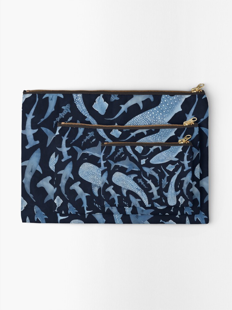 Thumbnail 2 of 4, Zipper Pouch, Monochrome blue watercolour shark ocean on black designed and sold by adenaJ.