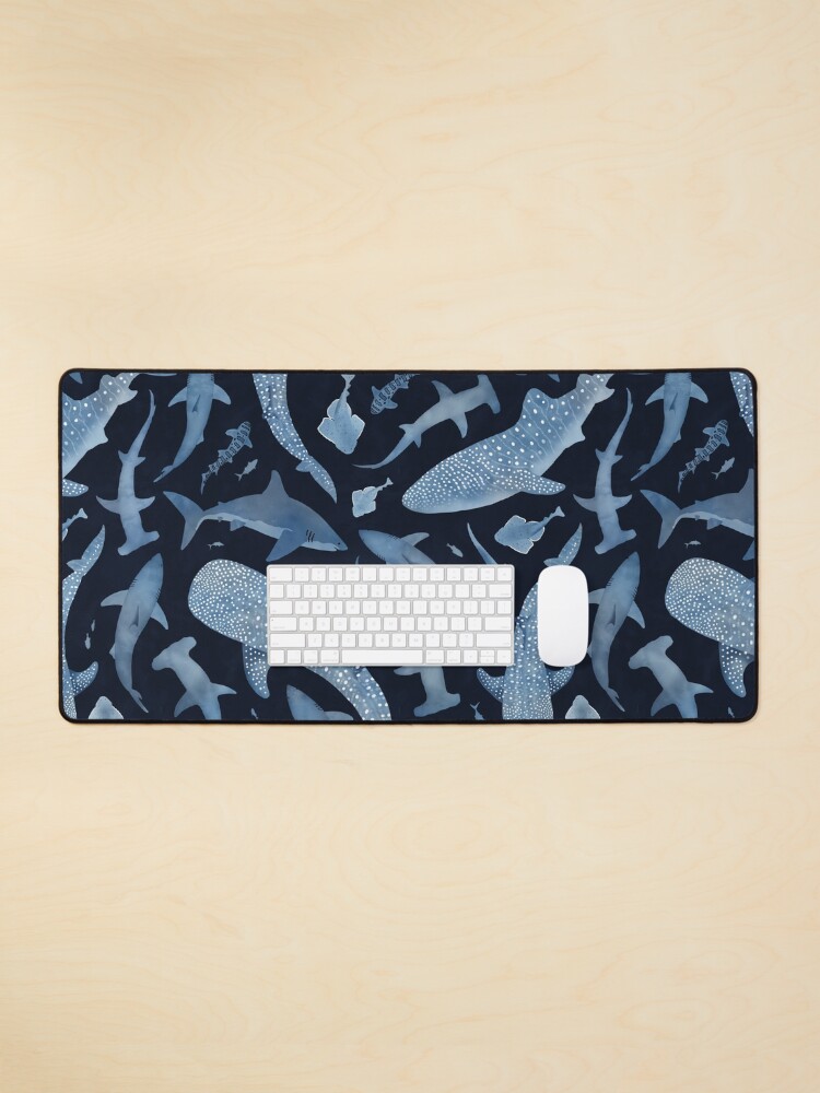 Thumbnail 1 of 5, Mouse Pad, Monochrome blue watercolour shark ocean on black designed and sold by adenaJ.