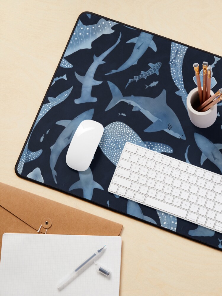 Thumbnail 3 of 5, Mouse Pad, Monochrome blue watercolour shark ocean on black designed and sold by adenaJ.