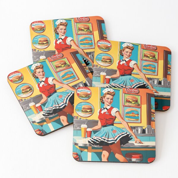 Item preview, 1950s Diner Pop Art – Roller Skating Waitress Vintage Hamburger Cafe  designed and sold by MooLaLa.Store.