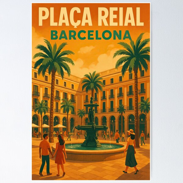 Item preview, BARCELONA Spain PLACA REIAL Vintage Poster and Greeting Card designed and sold by Earth Celebration Designs.