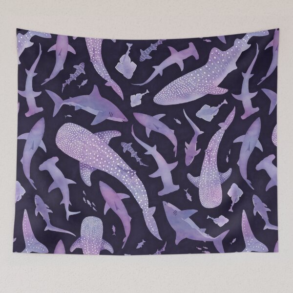 Item preview, Monochrome purple watercolour shark ocean on very dark purple designed and sold by adenaJ.