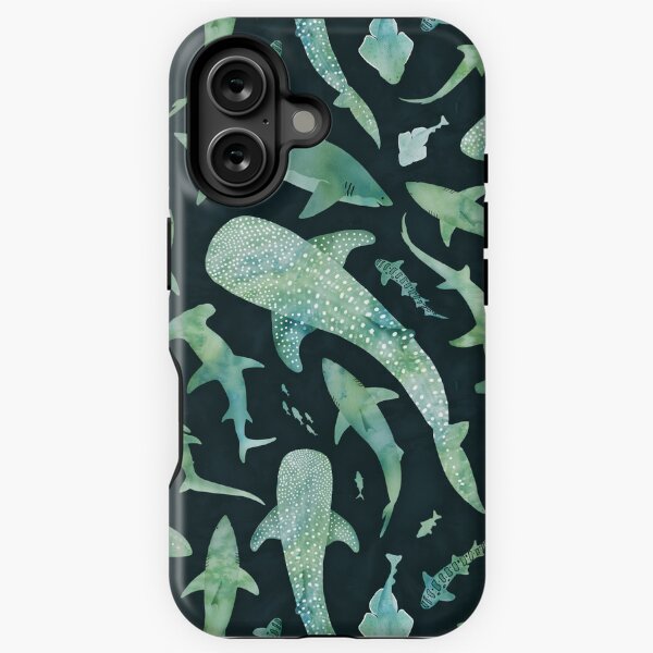 Item preview, Monochrome green watercolour shark ocean on very dark green designed and sold by adenaJ.