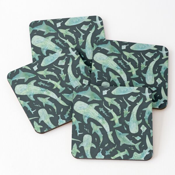 Item preview, Monochrome green watercolour shark ocean on very dark green designed and sold by adenaJ.