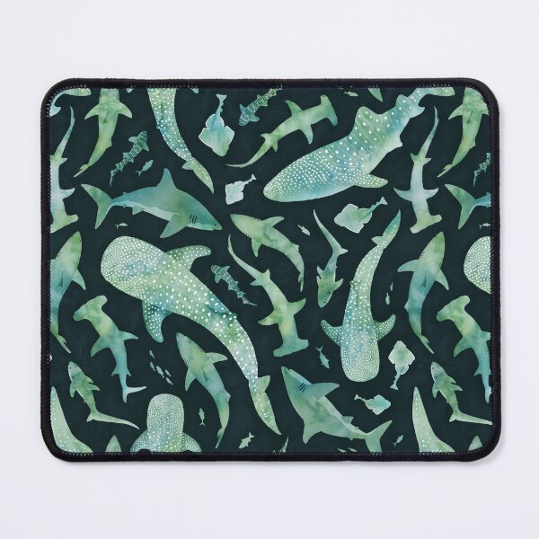Item preview, Monochrome green watercolour shark ocean on very dark green designed and sold by adenaJ.