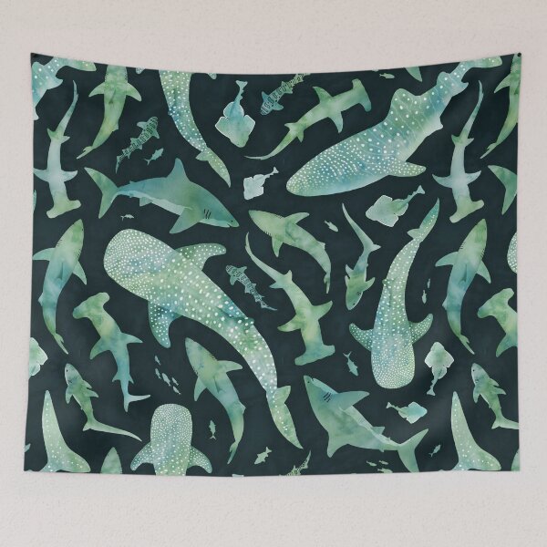 Item preview, Monochrome green watercolour shark ocean on very dark green designed and sold by adenaJ.