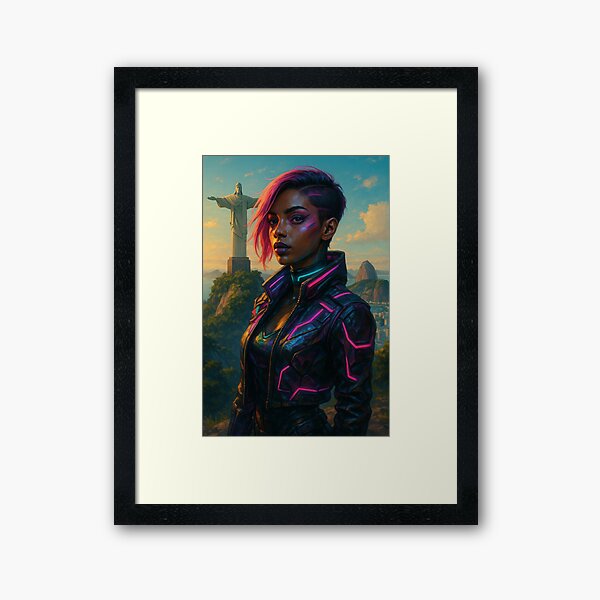 Vista previa del artículo con la obra «Mujer Cyberpunk en Río de Janeiro – Fondo futurista del Cristo Redentor», diseñado y vendido por NeonSpire.