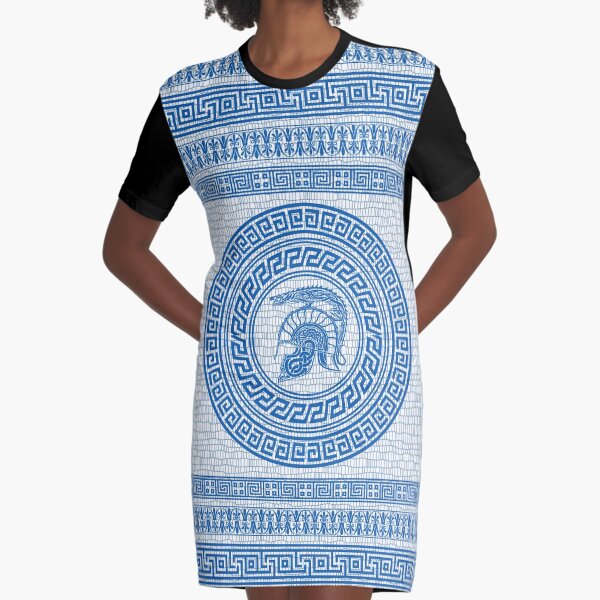 Dragon Helmet Greek Pattern (blue version) Graphic T-Shirt Dress