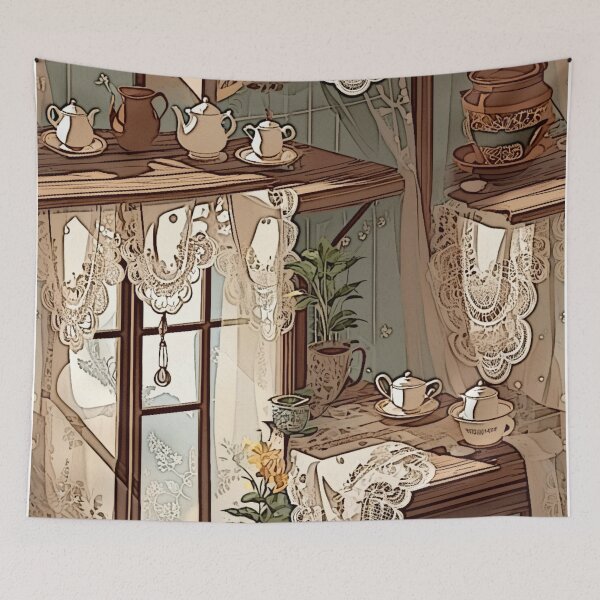 Item preview, Cottagecore Tea Time – Lace Curtains & Vintage Teapot Scene designed and sold by LuxuryApparels.