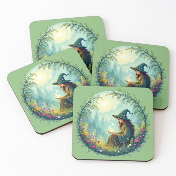 Item preview, Green Witch reading in a magical forest designed and sold by BohoShopHU.