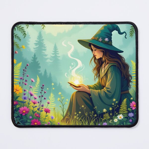 Item preview, Green Witch reading in a magical forest designed and sold by BohoShopHU.