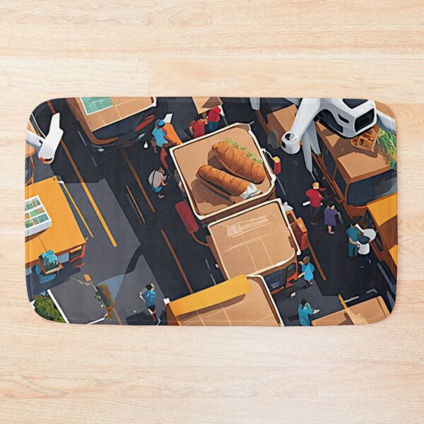 Item preview, Drone Delivery Over Neon Market Street – Futuristic Cityscape designed and sold by LuxuryApparels.