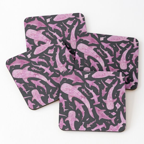 Item preview, Monochrome pink watercolour shark ocean on very dark grey designed and sold by adenaJ.