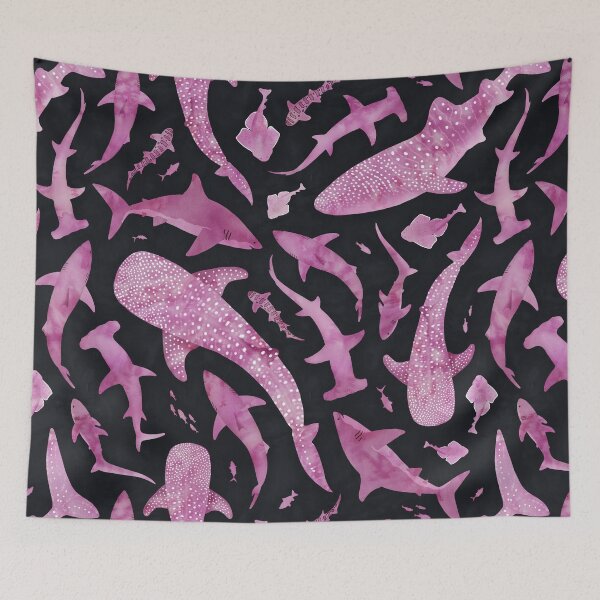 Item preview, Monochrome pink watercolour shark ocean on very dark grey designed and sold by adenaJ.