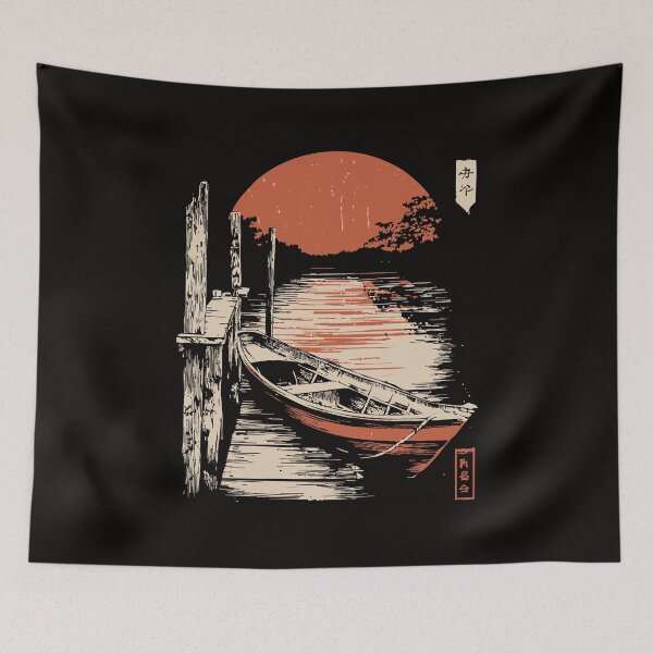 Item preview, Serenity Dock – Japanese Boat on Calm Lake Fusion Print designed and sold by TuncGK.