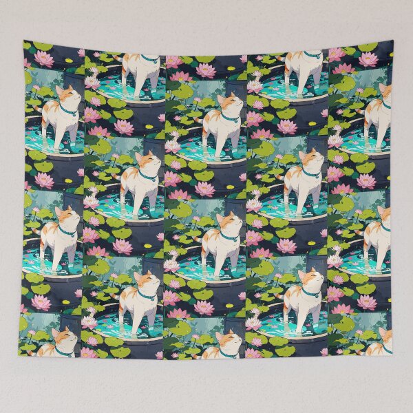 Item preview, Cat in a pond with lotus flowers designed and sold by ChromaStyle.