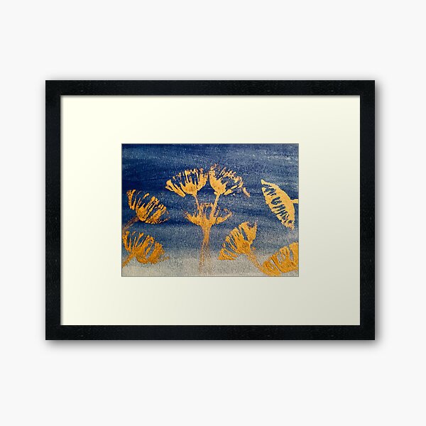 Aperçu de l'œuvre Graines de pissenlit dorées, fleurs flottantes sur fond bleu marine. Design minimaliste. créée et vendue par cheekylorns.