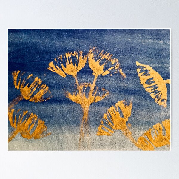 Item preview, Gold dandelion seeds floating flowers on navy blue background Minimal design  designed and sold by cheekylorns.