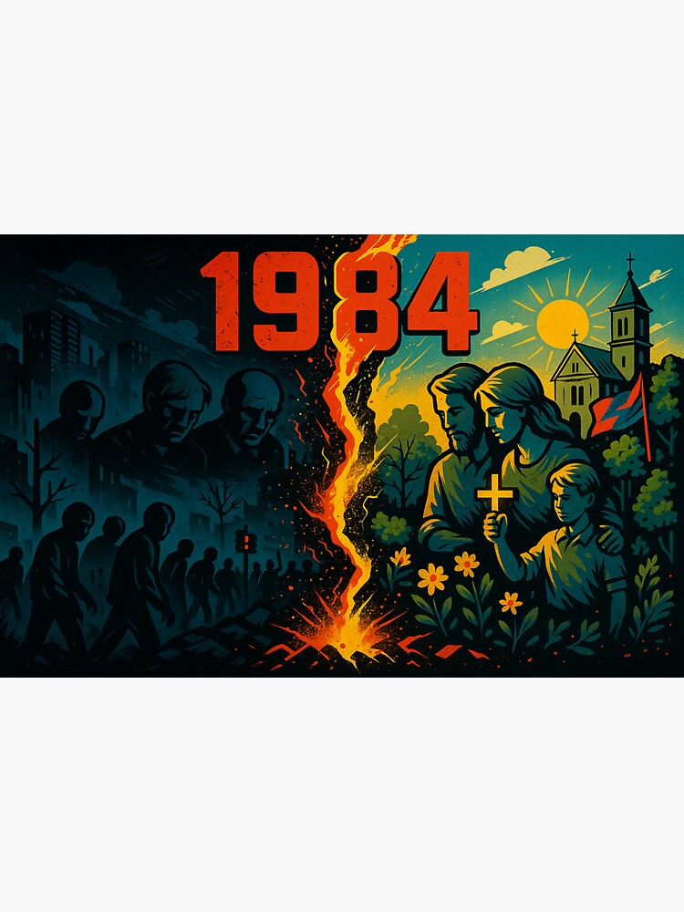 Aperçu 3 sur 3. Sticker avec l'œuvre 1984 : Un continent déchiré – Espoir contre déclin créée et vendue par MRMAGICAL.