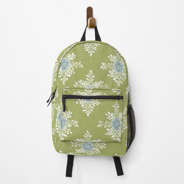 Artikelvorschau, Hellblaues Jacquard-Blumenmuster auf gedämpftem Chartreuse – Nahtloses Vintage-Muster entworfen und verkauft von dawnleblanc55.