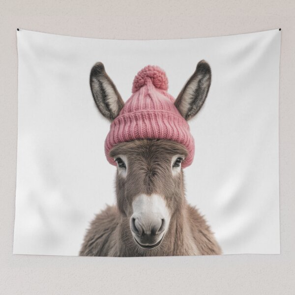Item preview, Burro acogedor con gorro de invierno rosa, obra de arte de moda animal de moda designed and sold by LazyOwlStore.