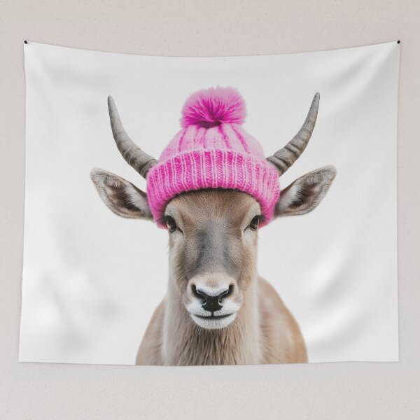 Artikelvorschau, Gemütliches Eland mit rosa Wintermütze, trendiges Tiermode-Kunstwerk entworfen und verkauft von LazyOwlStore.