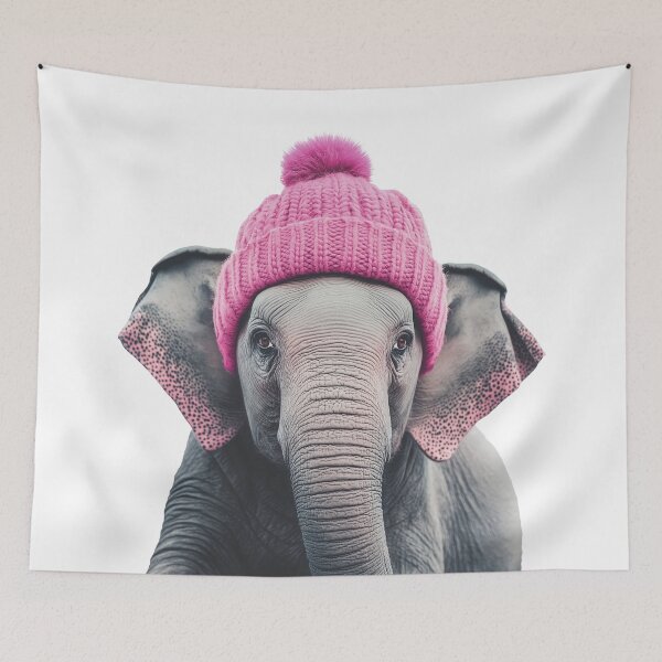 Item preview, Elefante acogedor con gorro de invierno rosa, ilustración de moda animal de moda designed and sold by LazyOwlStore.