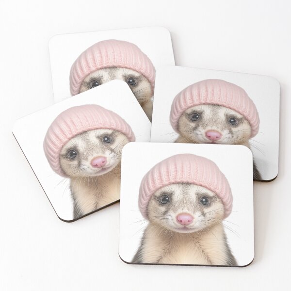 Artikelvorschau, Gemütliches Frettchen mit rosa Wintermütze, trendiges Tiermode-Kunstwerk entworfen und verkauft von LazyOwlStore.