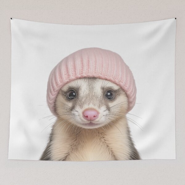 Artikelvorschau, Gemütliches Frettchen mit rosa Wintermütze, trendiges Tiermode-Kunstwerk entworfen und verkauft von LazyOwlStore.